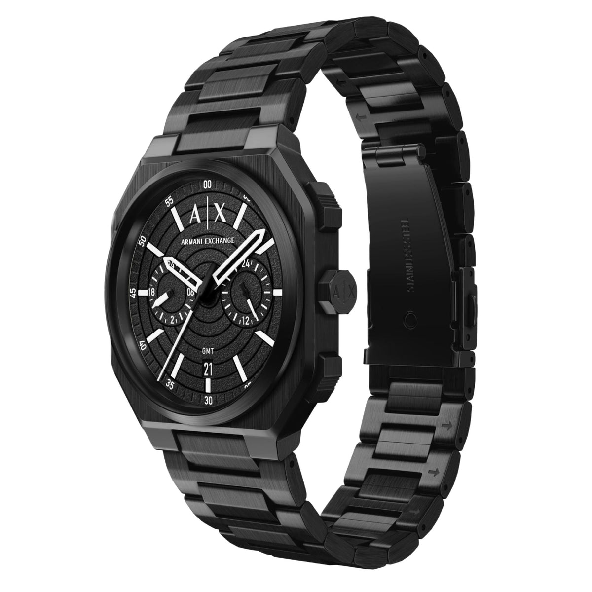 Armani Exchange Bass AX1478 three-quarter view displaying octagonal case profile and steel bracelet links