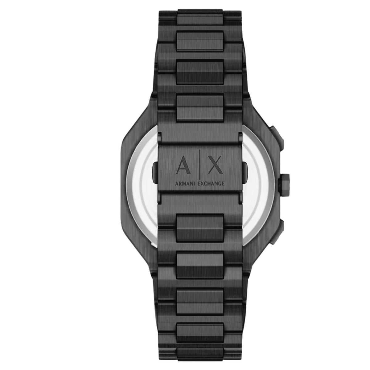 Armani Exchange Bass AX1478 back view showing steel bracelet clasp engraved with brand logo