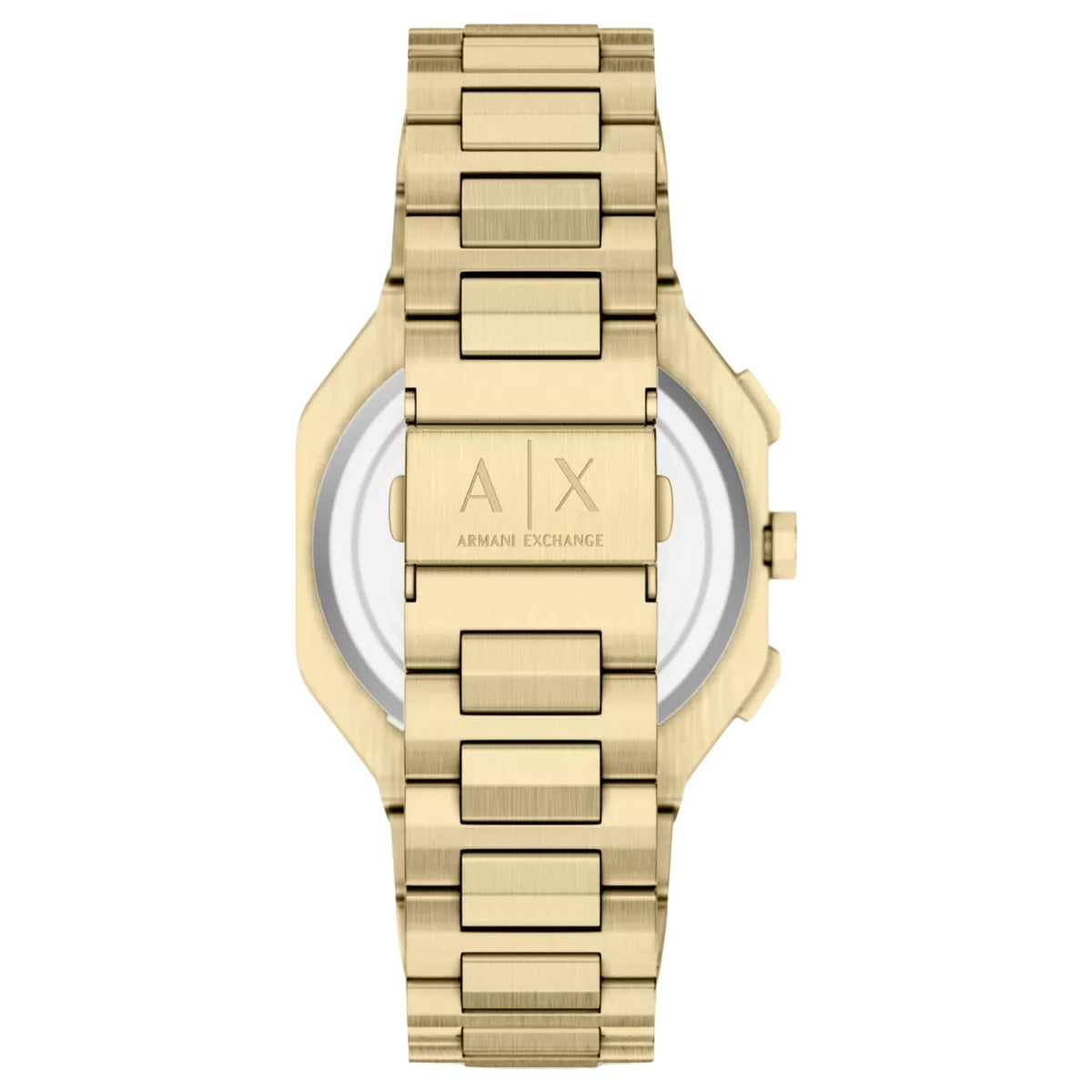Armani Exchange Bass AX1476 back view showing steel bracelet clasp engraved with brand logo