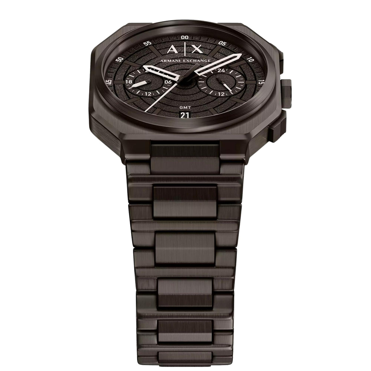 Armani Exchange Bass AX1479 angled front view showcasing textured dial details and steel bracelet construction