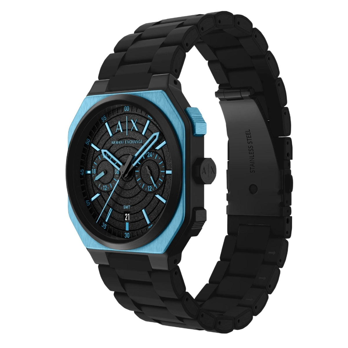 Armani Exchange Bass AX1480 three-quarter view displaying octagonal case profile and bracelet links