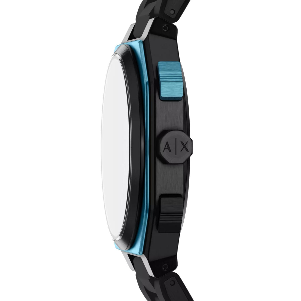 Armani Exchange Bass AX1480 side profile view highlighting case construction, crown, and pushers