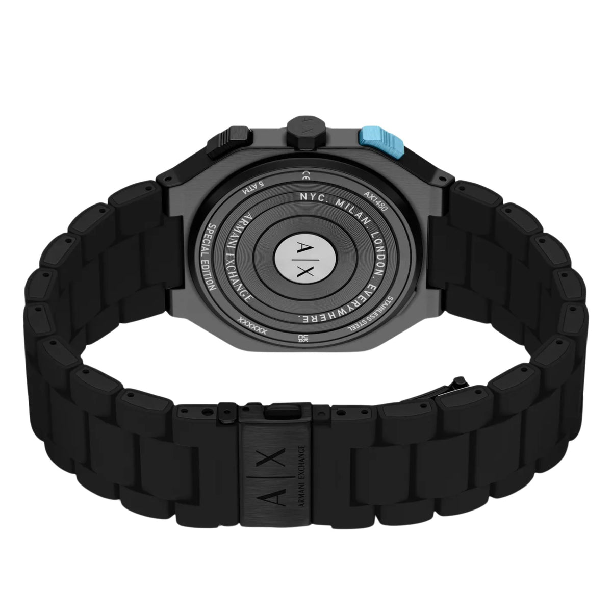Armani Exchange Bass AX1480 back view displaying engraved case back, specifications, and bracelet clasp