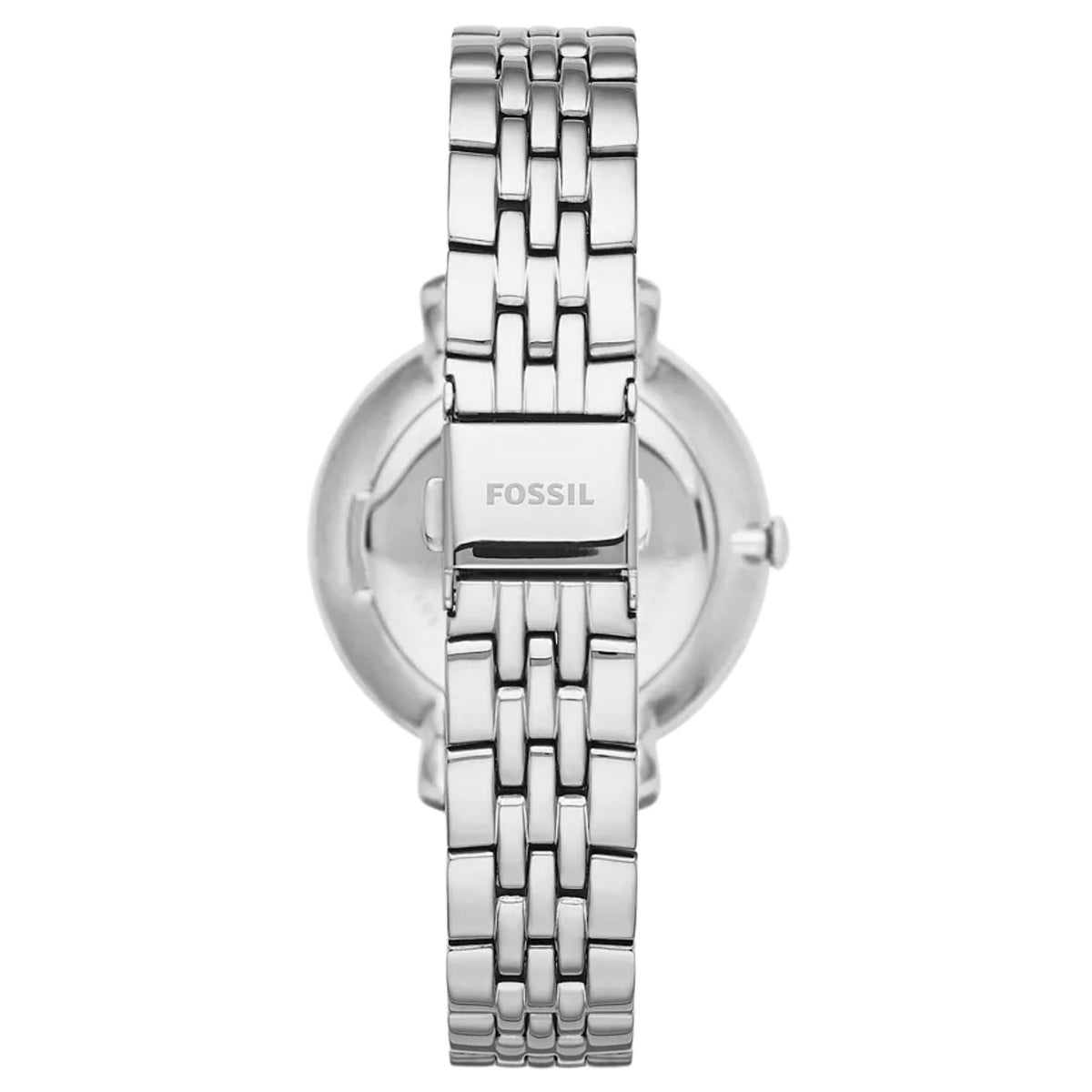 Back profile of the Fossil Jacqueline ES3545 timepiece highlighting the engraved brand logo on the stainless steel folding clasp and link bracelet