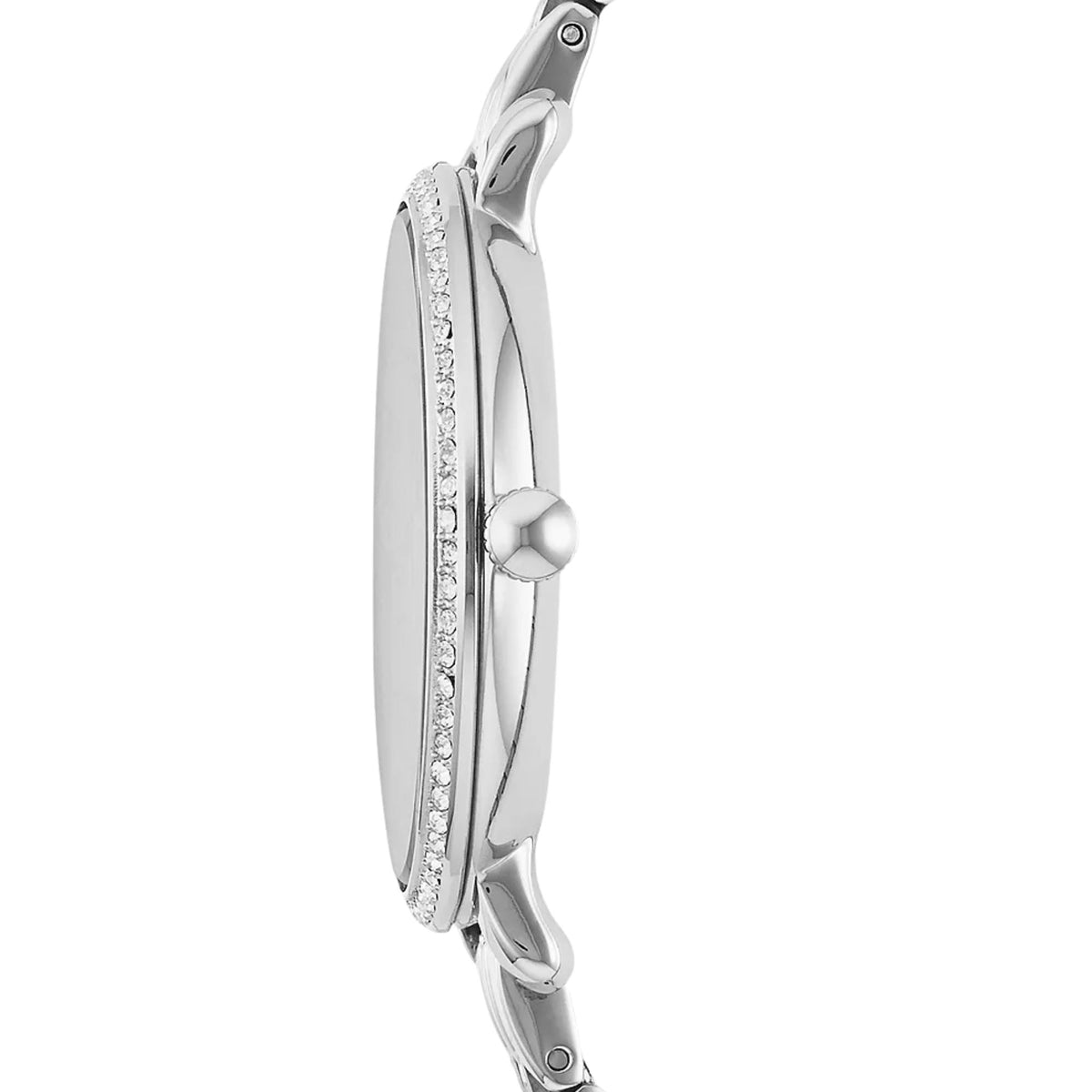 Side profile of the Fossil Jacqueline ES3545 watch detailing the slim case silhouette, crystal bezel, and smooth crown