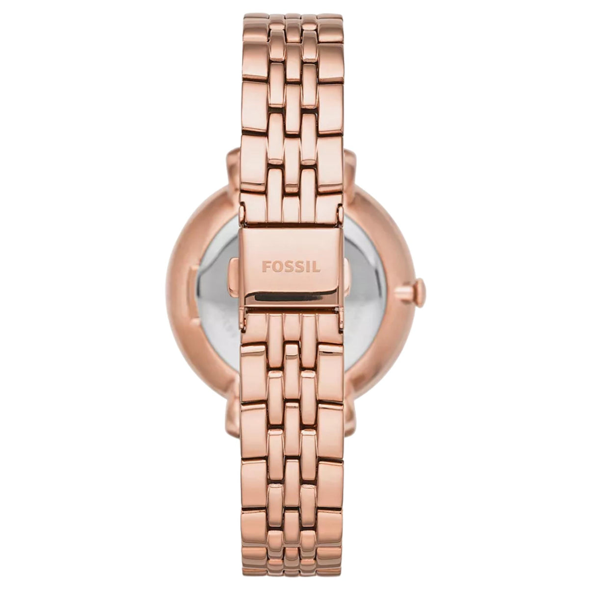 Rear profile of the Fossil Jacqueline ES3546 watch showing the engraved brand signature on the rose gold-plated folding clasp and link bracelet.