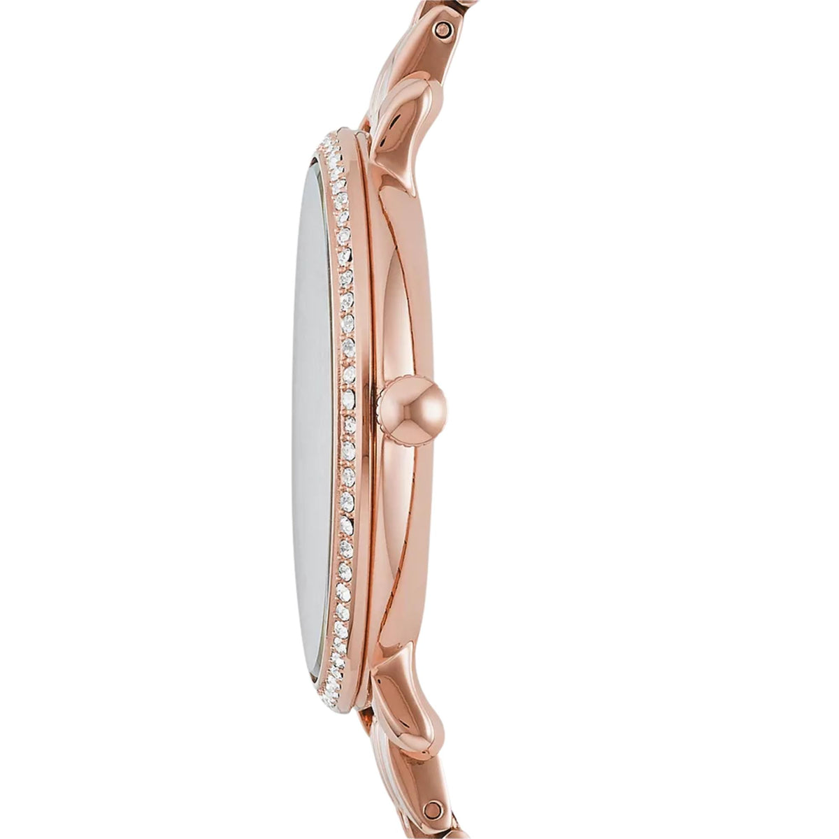 Side view of the Fossil Jacqueline ES3546 ladies watch detailing the slim case profile, crystal bezel, and smooth winding crown.