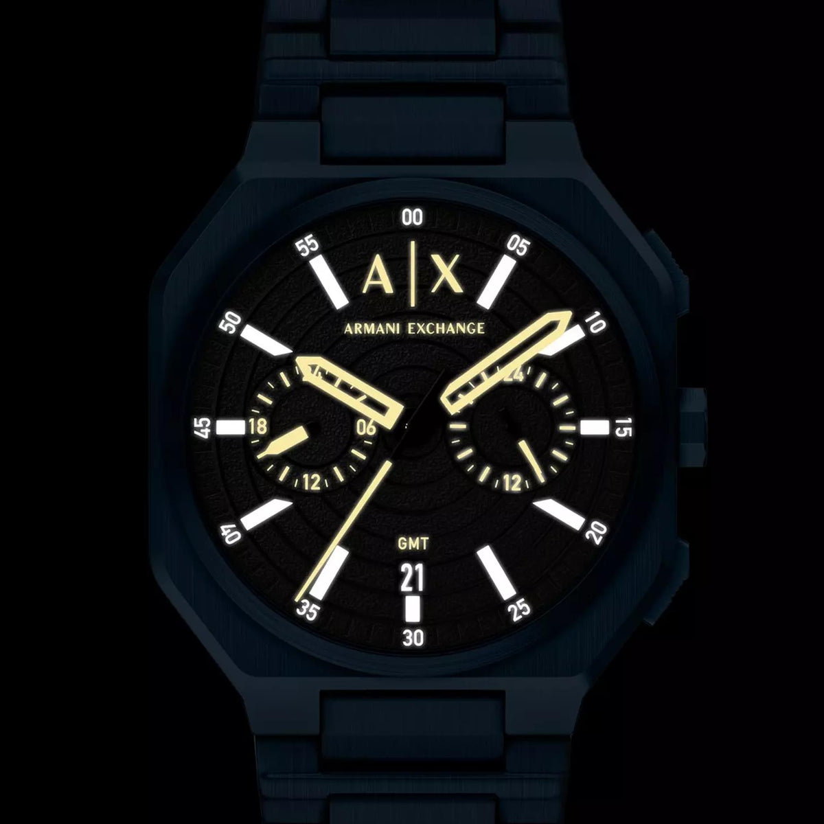 Armani Exchange Bass AX1477 front view showing luminous dual-time black dial display and steel bracelet