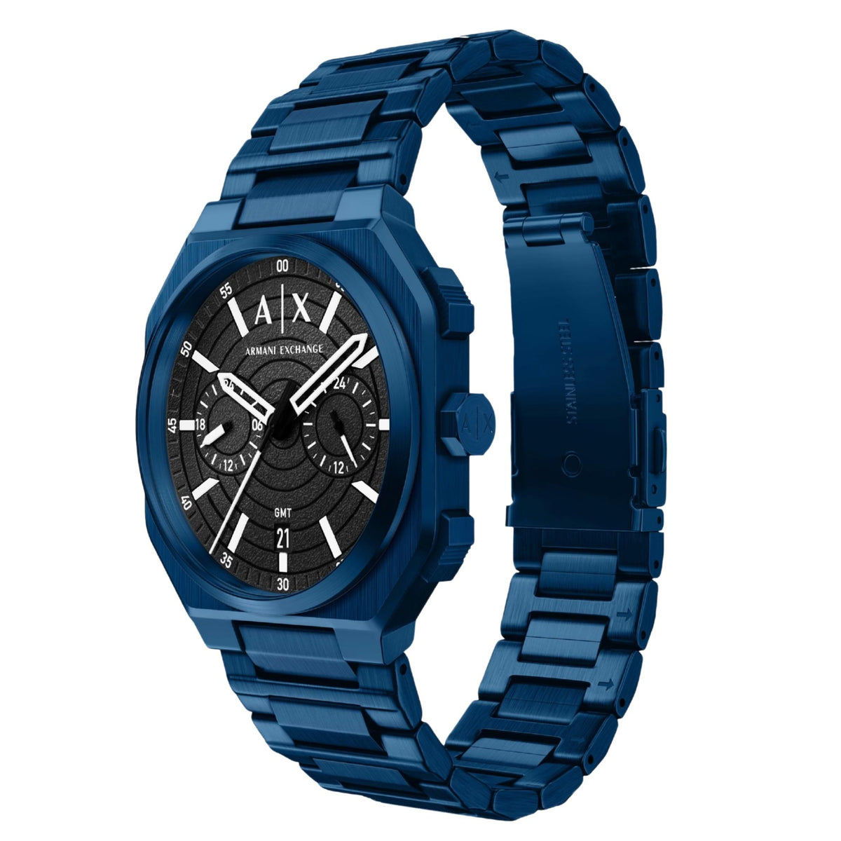 Armani Exchange Bass AX1477 three-quarter view displaying octagonal case profile and steel bracelet links