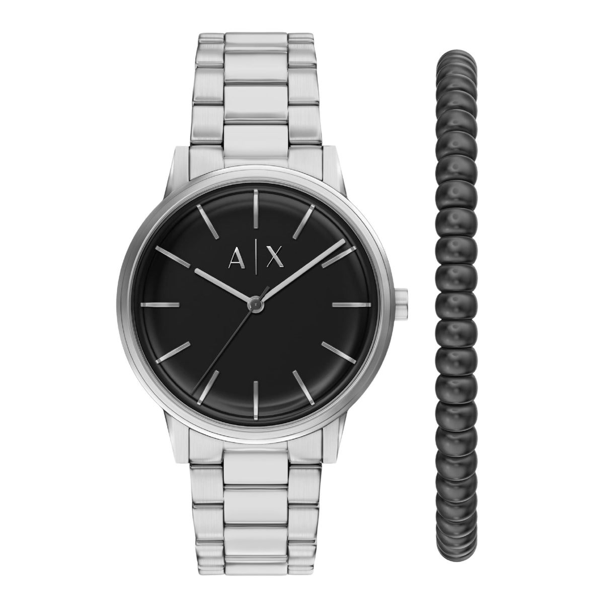 Armani Exchange Cayde AX7182SET front view showing black dial watch with steel bracelet and beaded bracelet set
