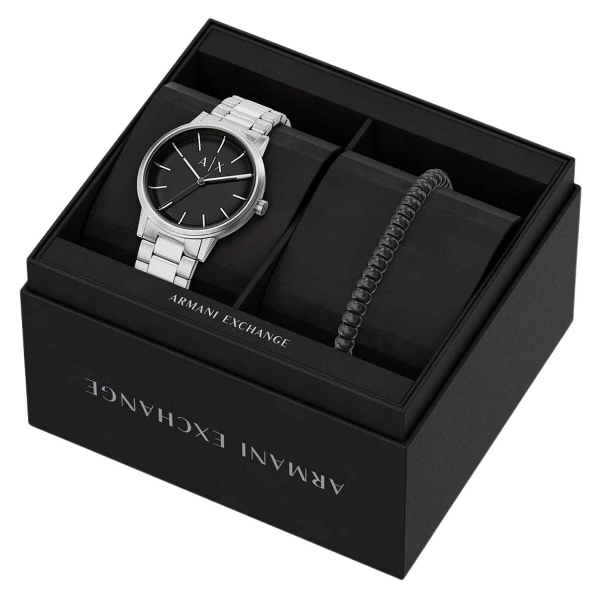 Armani Exchange Cayde AX7182SET gift set box display featuring mens black dial watch with a steel bracelet and a beaded accessory