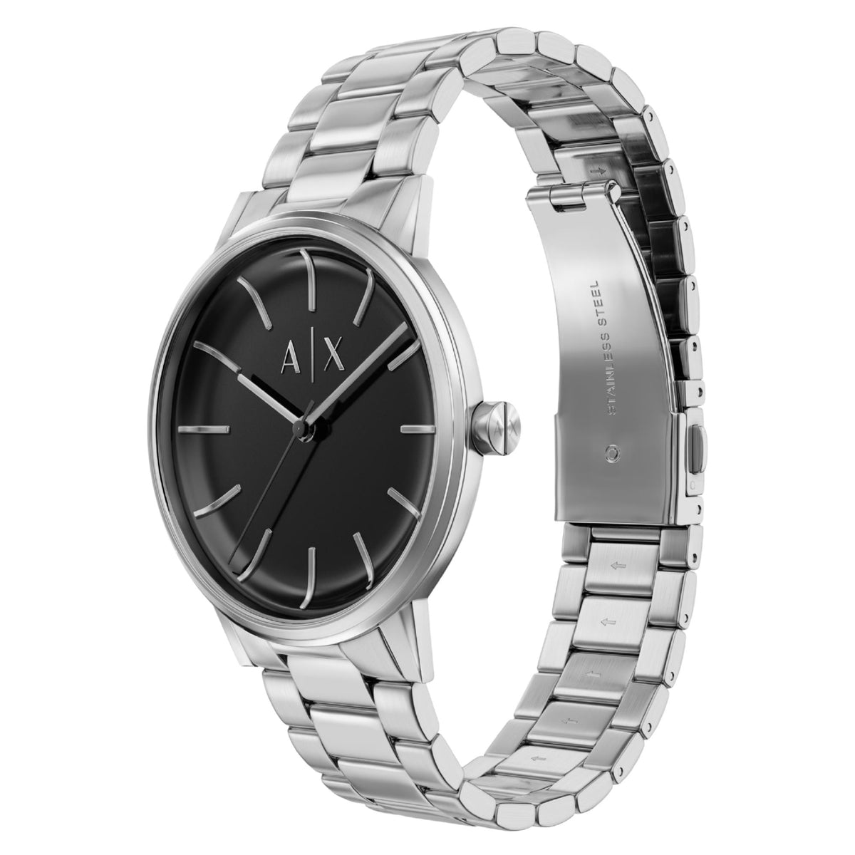 Armani Exchange Cayde AX7182SET three-quarter view displaying slim steel case profile and bracelet links