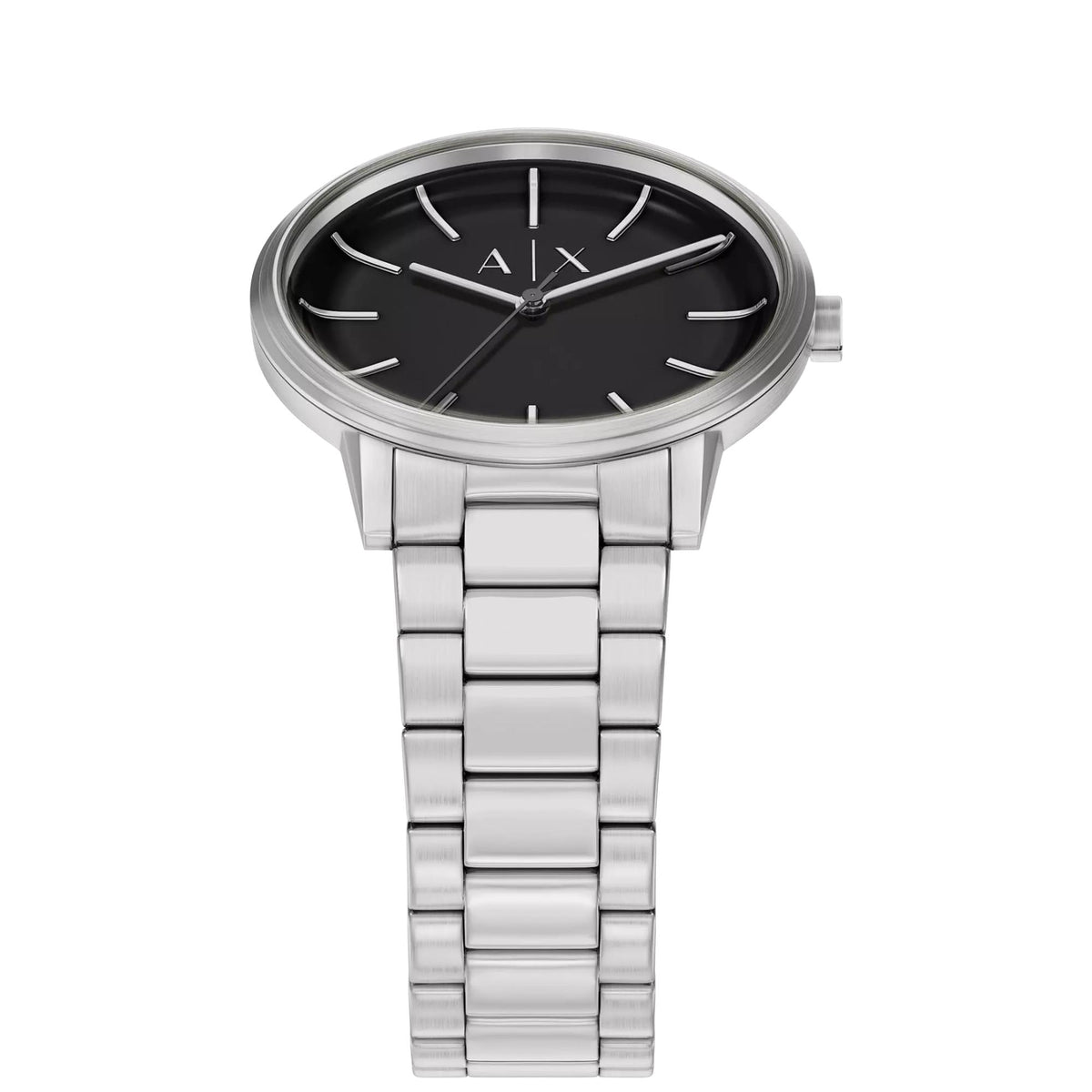 Armani Exchange Cayde AX7182SET angled view highlighting minimalist black dial and steel bracelet structure