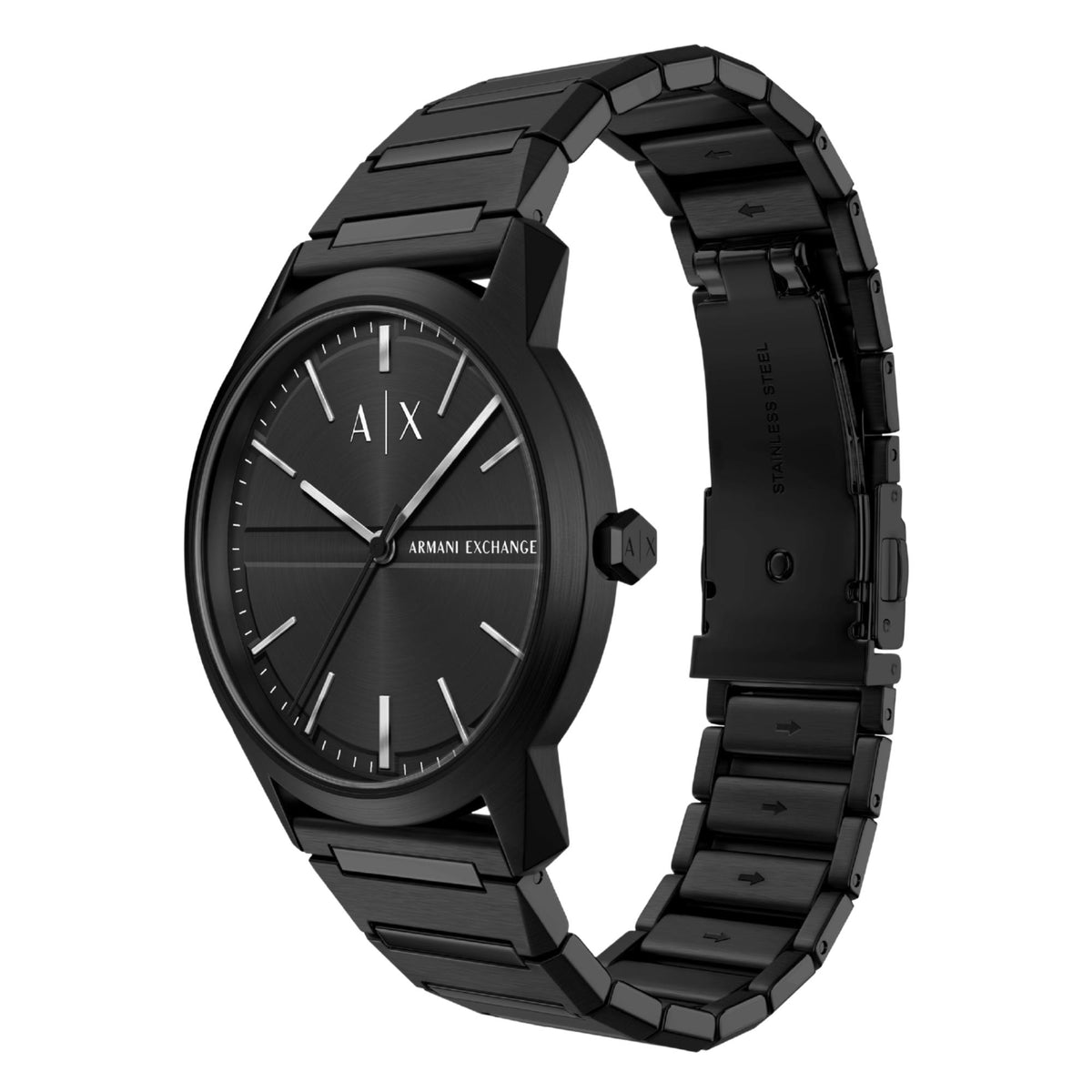 Armani Exchange Lexon AX2651 three-quarter view displaying steel case profile, crown, and bracelet links