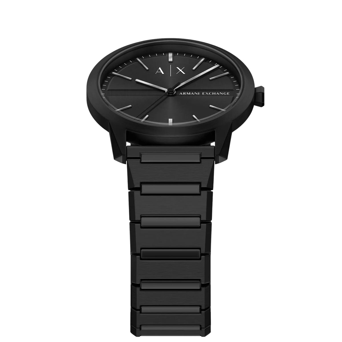 Armani Exchange Lexon AX2651 angled perspective highlighting black dial and steel bracelet structure