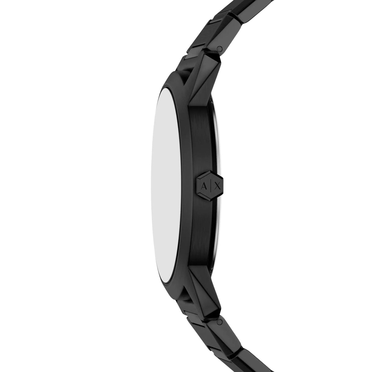 Armani Exchange Lexon AX2651 side profile view showing steel case construction and engraved crown