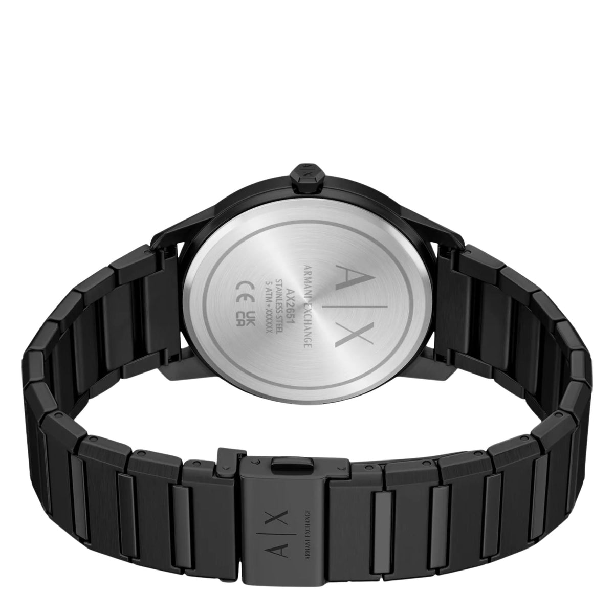 Armani Exchange Lexon AX2651 back view showing steel case back engraving and bracelet clasp