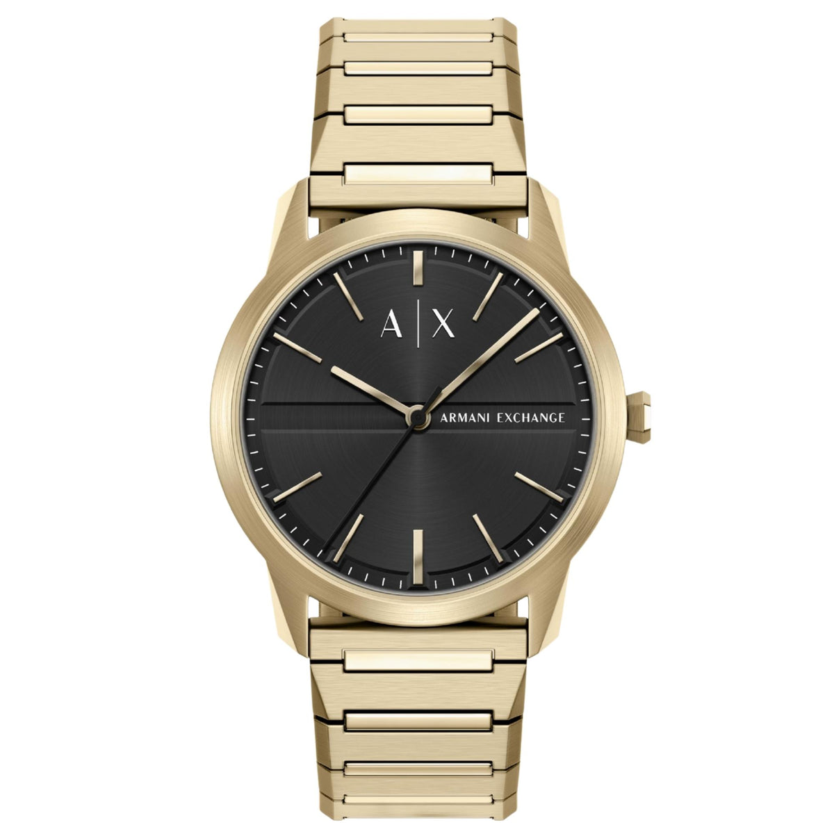 Armani Exchange Lexon AX2650 front view showing black dial with steel bracelet
