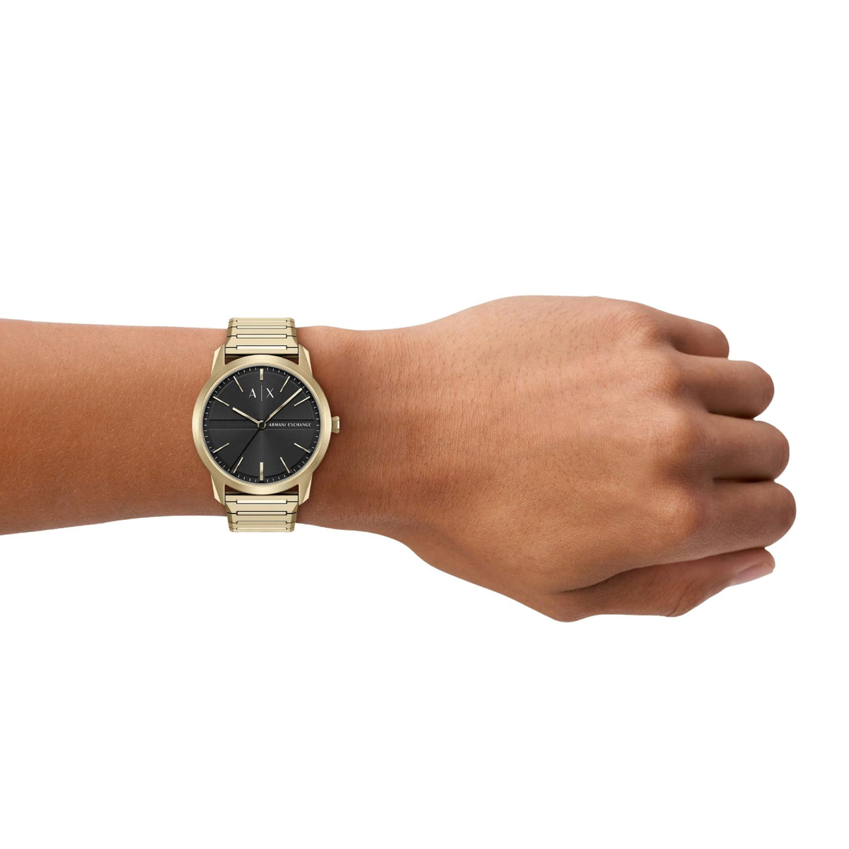 Armani Exchange Lexon AX2650 lifestyle wrist shot featuring mens black dial watch with a steel bracelet