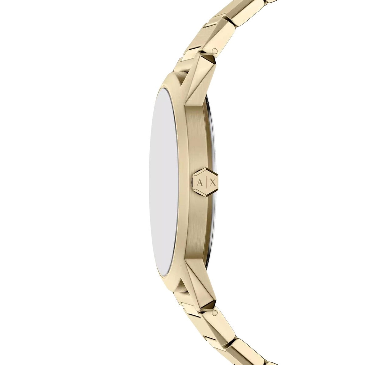 Armani Exchange Lexon AX2650 side profile view showing steel case construction and engraved crown