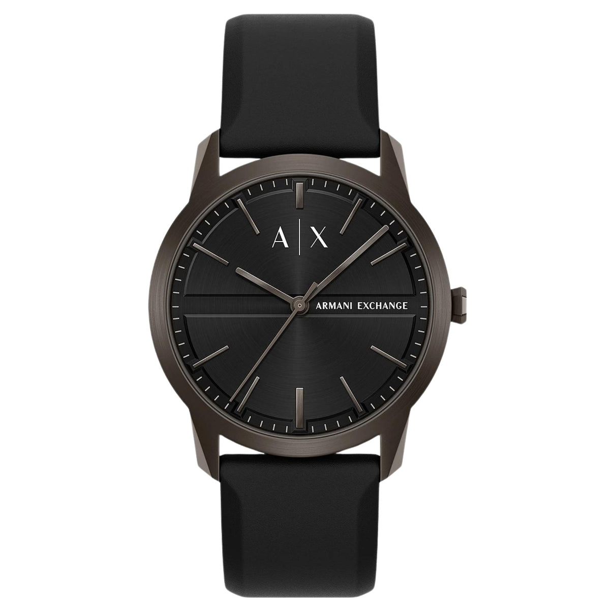 Armani Exchange Lexon AX2652 front view showing black dial with silicone strap