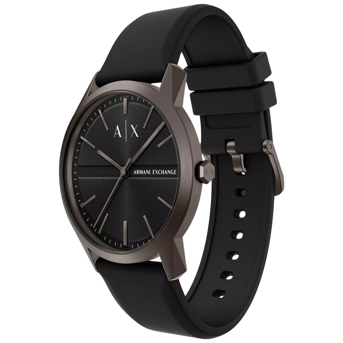 Armani Exchange Lexon AX2652 three-quarter view displaying case profile, crown, and silicone strap