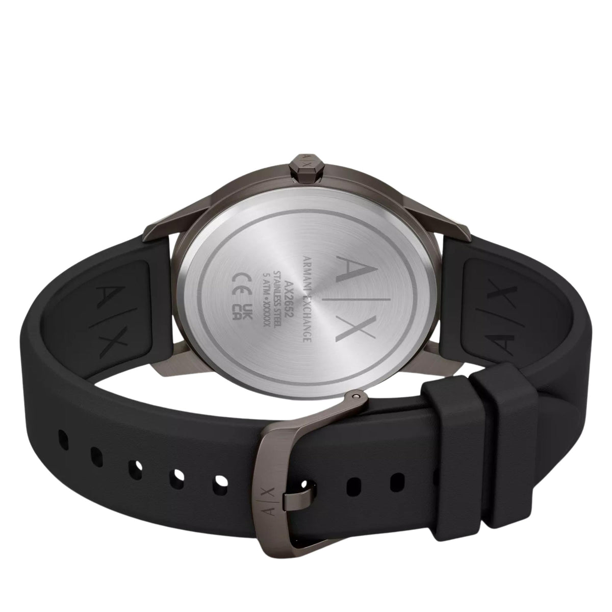 Armani Exchange Lexon AX2652 back view showing engraved case back and silicone strap buckle