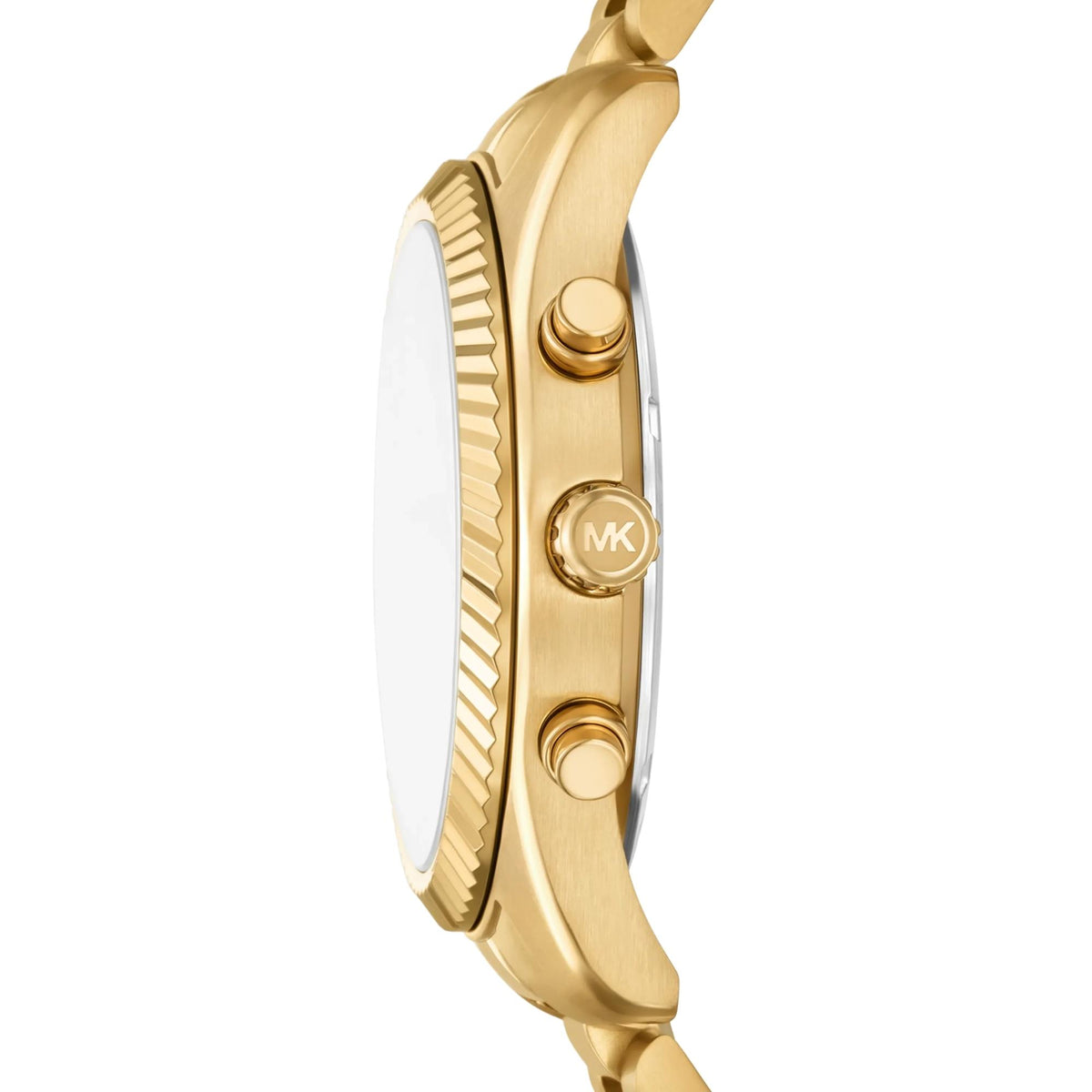 Michael Kors Lexington 45mm MK9276 side profile view featuring the brushed gold tone case, coin edge bezel, dual pushers, and branded crown with MK engraving