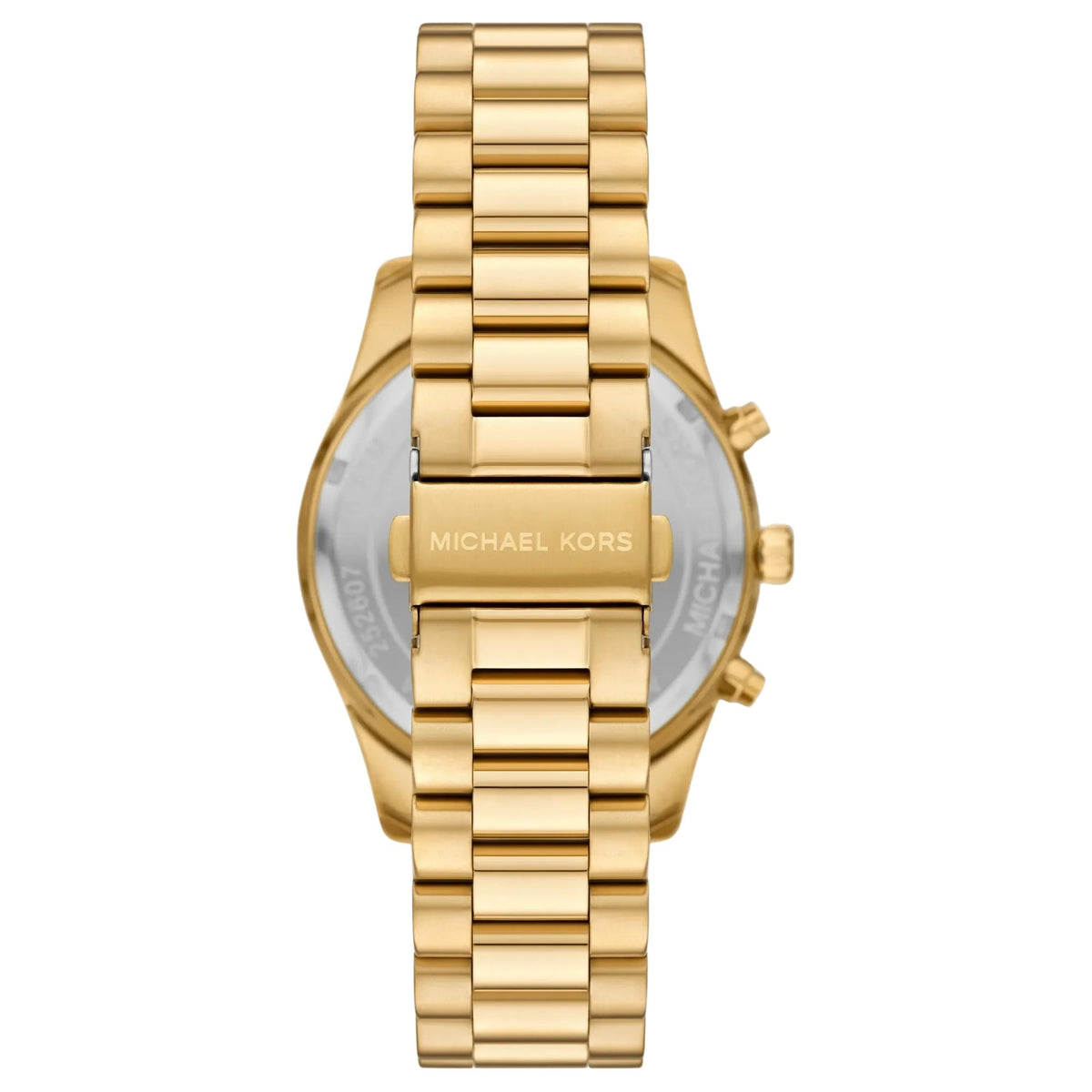 Michael Kors Lexington 45mm MK9276 back view showcasing the gold-tone steel bracelet and engraved foldover clasp with Michael Kors branding