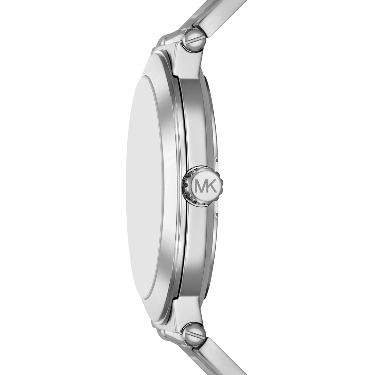 Michael Kors Billie 44mm MK9284 side profile view featuring the polished silver tone case, smooth bezel, screw-detailed lugs, and crown engraved with MK logo