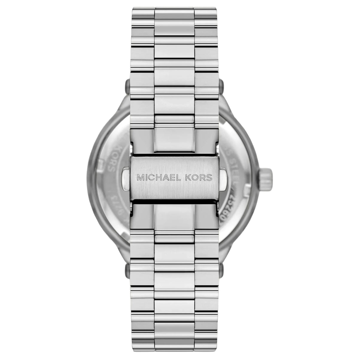 Michael Kors Billie 44mm MK9284 back view showcasing the stainless steel bracelet and engraved foldover clasp with Michael Kors branding