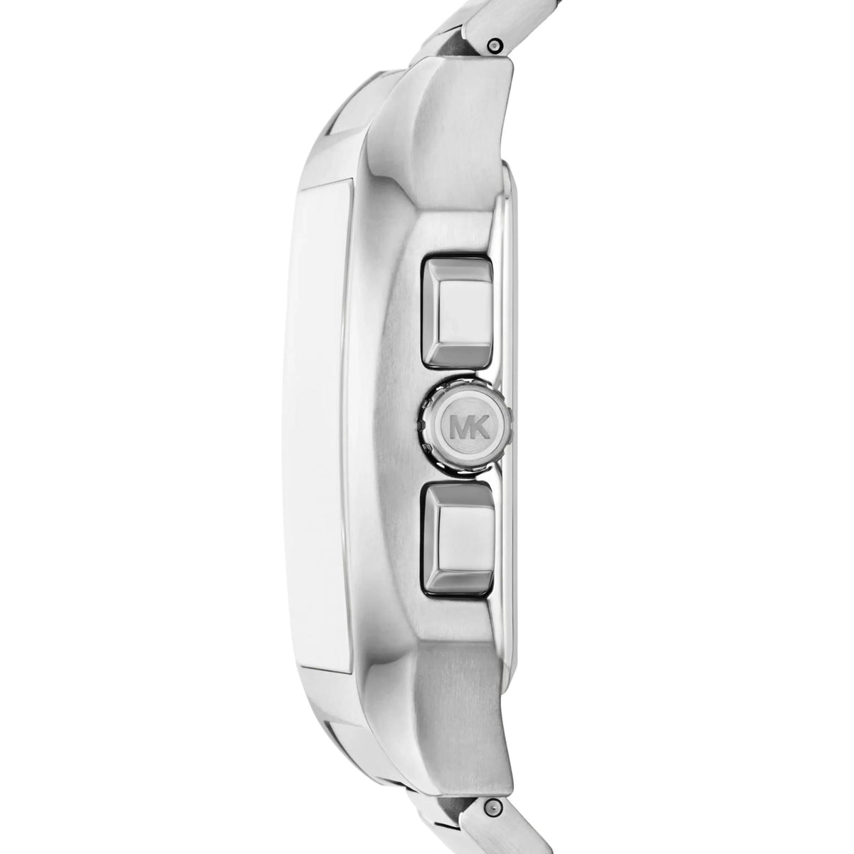 Michael Kors Hayes 40mm MK9283 side profile view featuring the brushed stainless steel case, rectangular push buttons, and crown detailed with the MK logo