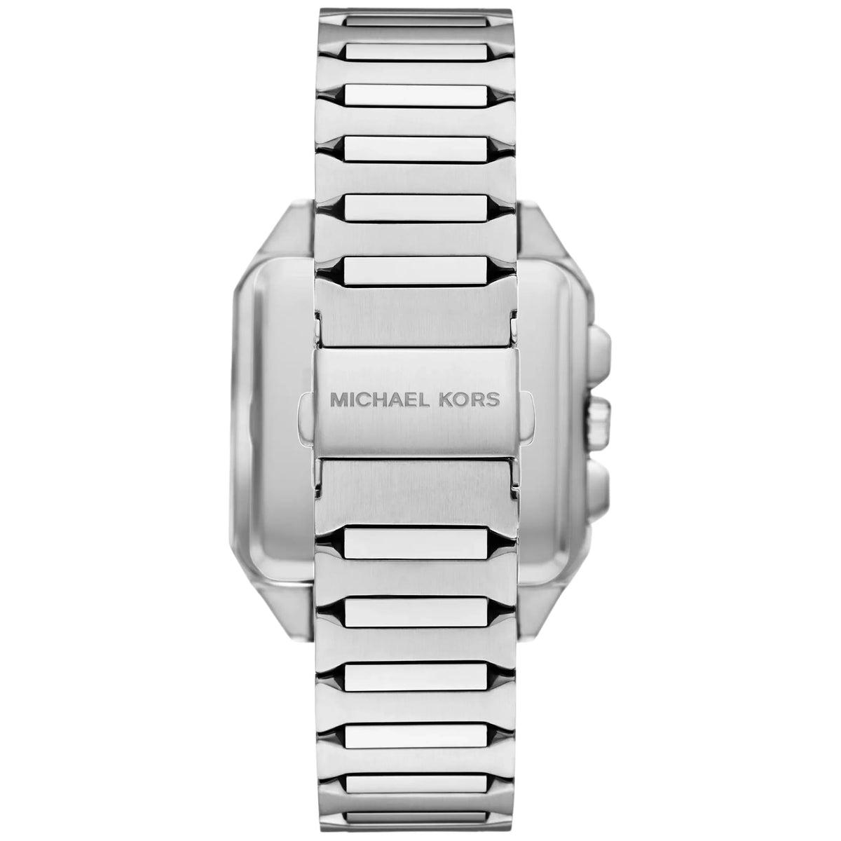 Michael Kors Hayes 40mm MK9283 back view showcasing the stainless steel link bracelet and engraved foldover clasp with Michael Kors branding