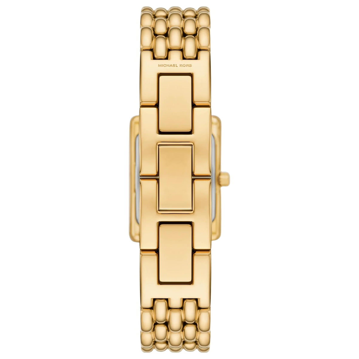 Michael Kors Petite Essex 24mm MK7632 back view showcasing the gold-tone bracelet and jewelry clasp closure engraved with Michael Kors branding