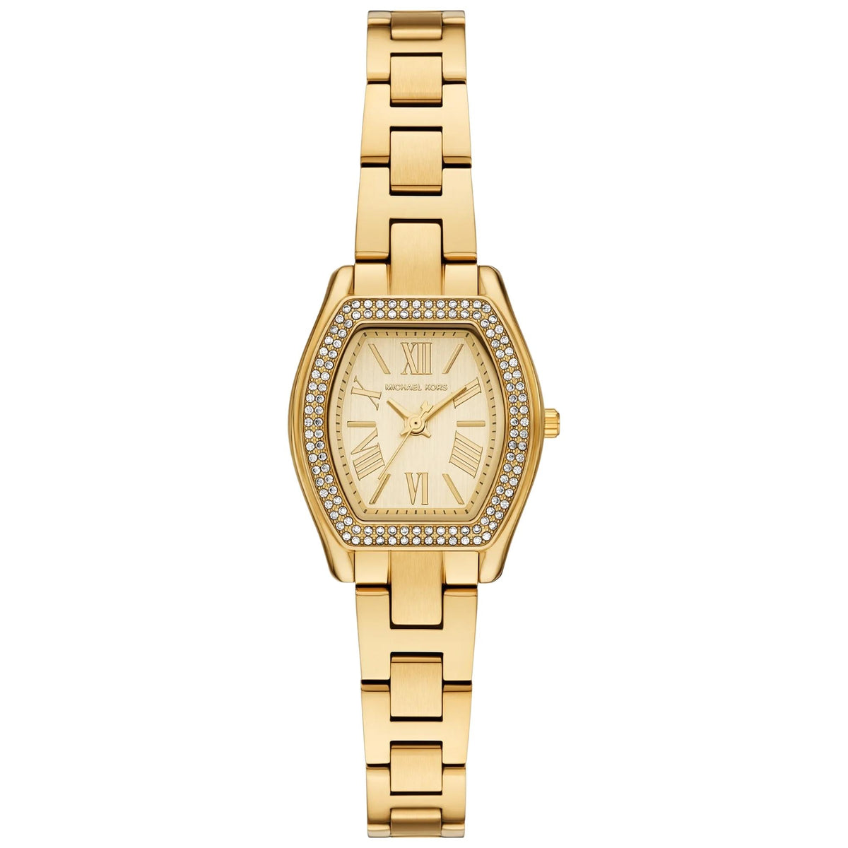 Michael Kors Chelsea Pavé 25mm MK7618 ladies watch front view showing a gold dial with Roman numeral index hour markers, crystal pavé set bezel, and gold-tone stainless steel link bracelet