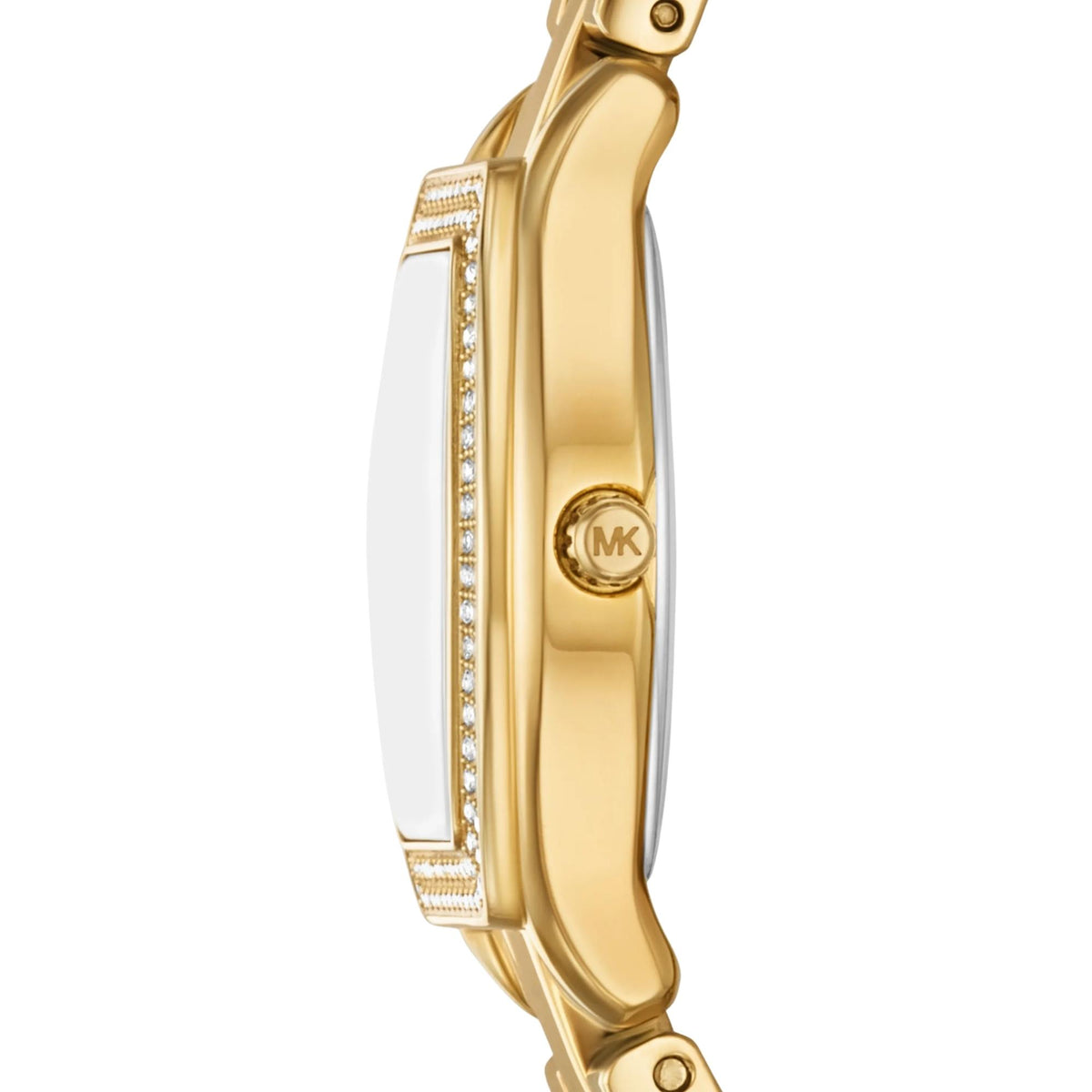 Michael Kors Chelsea Pavé 25mm MK7618 side profile view featuring the gold-tone case, pavé stone detailing on the bezel edge, and crown with MK logo