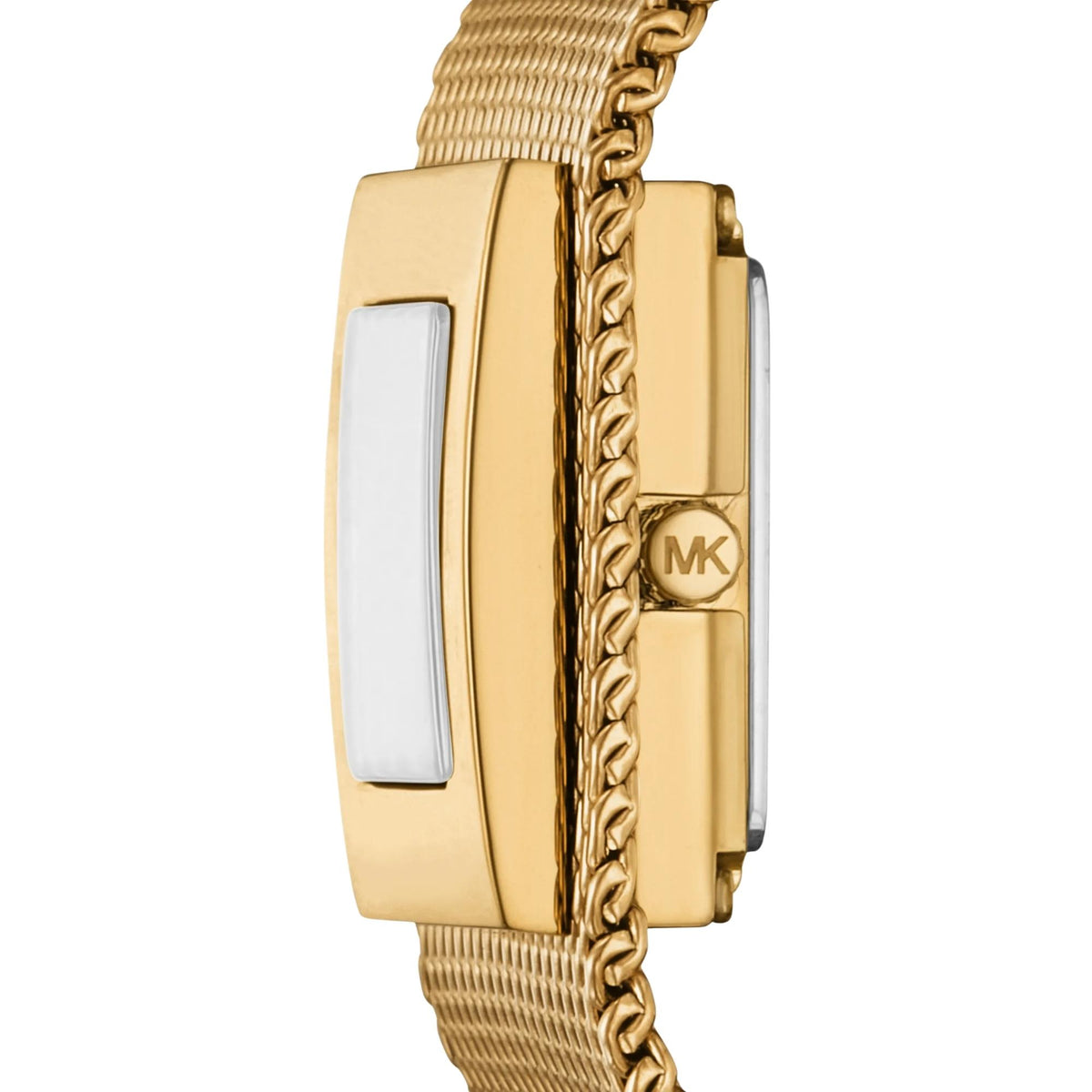 Michael Kors Darrington 22mm MK7626 side profile view featuring the gold-tone case thickness, mesh strap edge, and adjustment crown stamped with MK branding