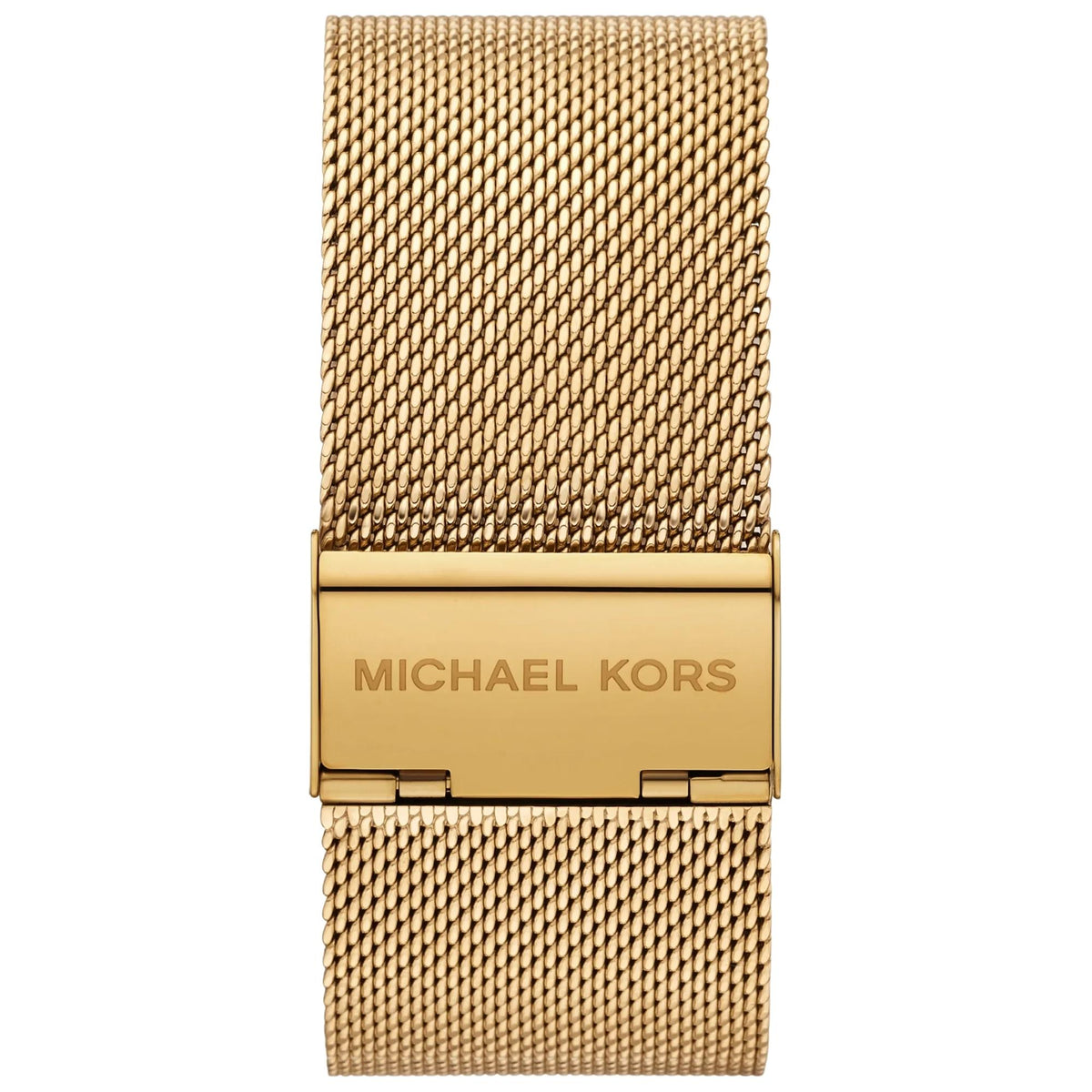 Michael Kors Darrington 22mm MK7626 back view showcasing the woven gold-tone mesh band and adjustable sliding clasp engraved with the Michael Kors logo