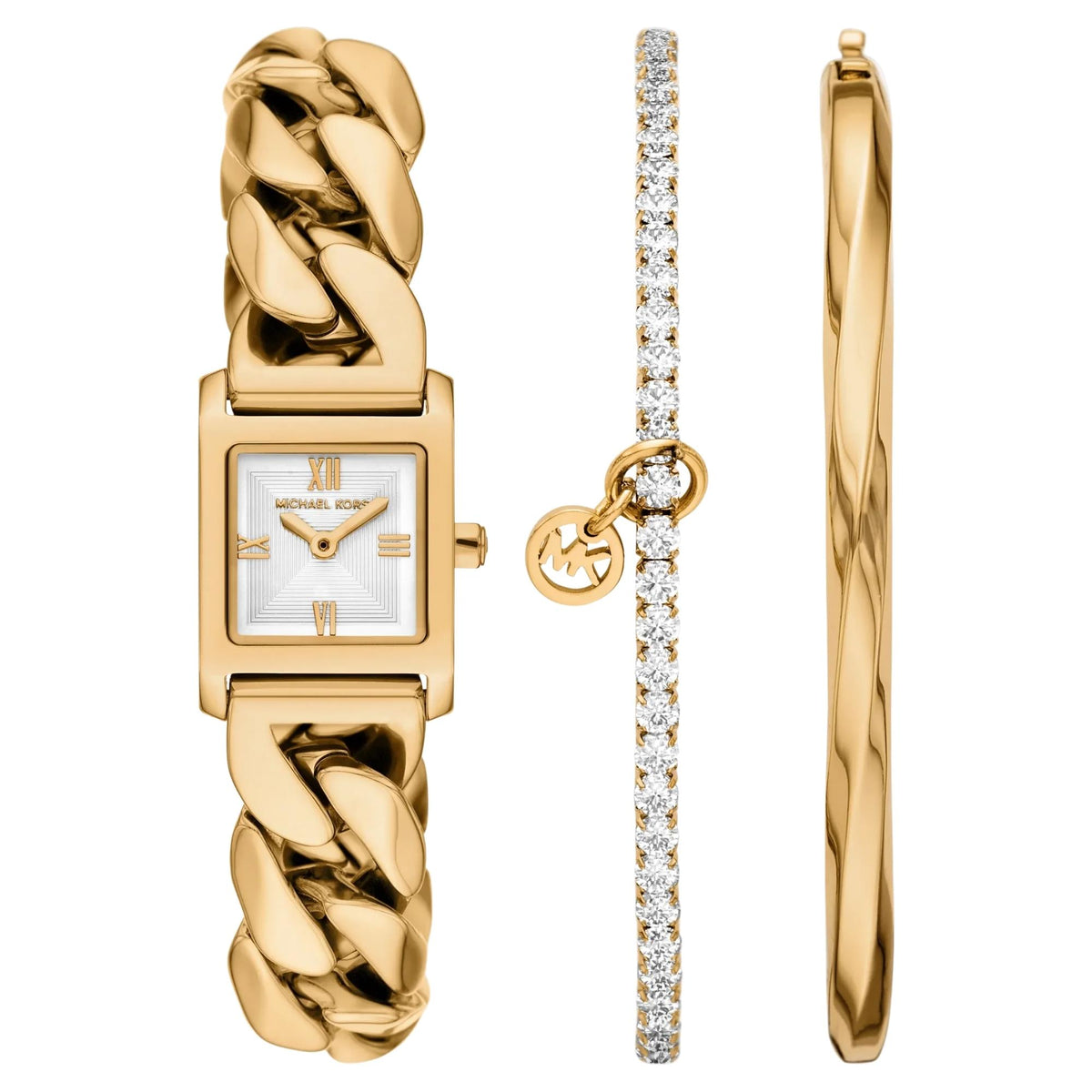 Michael Kors Georgie 19mm MK7655SET ladies gift set featuring a square silver dial watch with a gold-tone chain link strap alongside two matching gold-finished bracelets