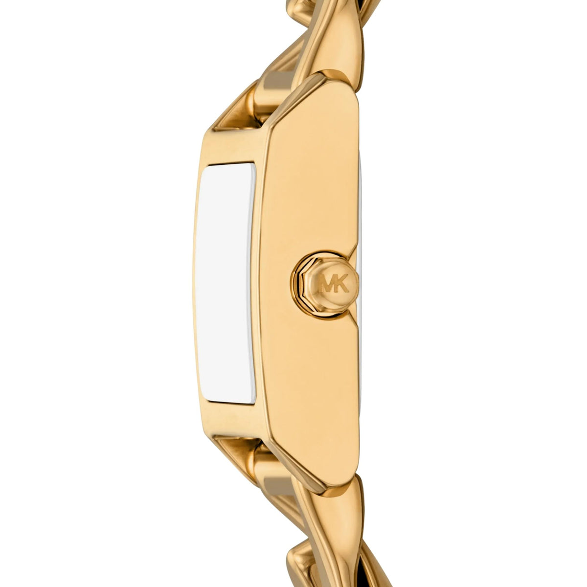 Michael Kors Georgie 19mm MK7655SET side profile view displaying the slim gold-tone case, side crown with MK logo, and polished chain link attachment