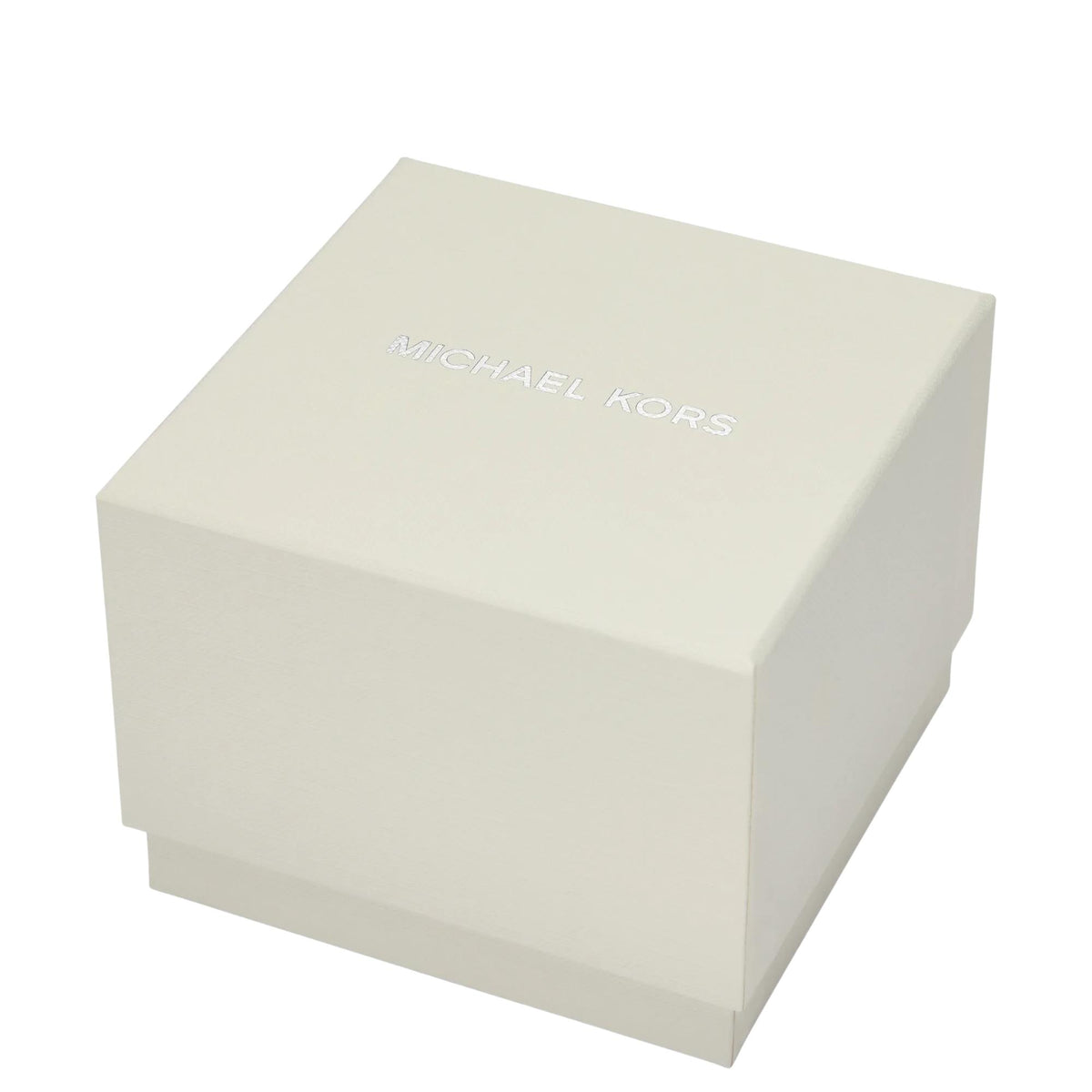 Michael Kors closed cream presentation box adorned with silver Michael Kors lettering