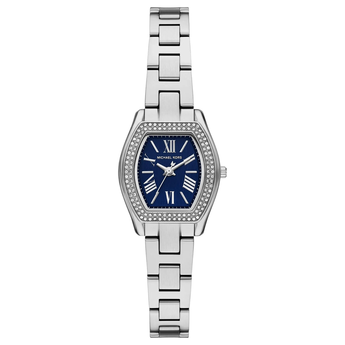 Michael Kors Chelsea 25mm MK7621 ladies watch front view showing a tonneau-shaped blue dial with Roman numeral index hour markers, crystal pavé set bezel, and silver-tone stainless steel link bracelet