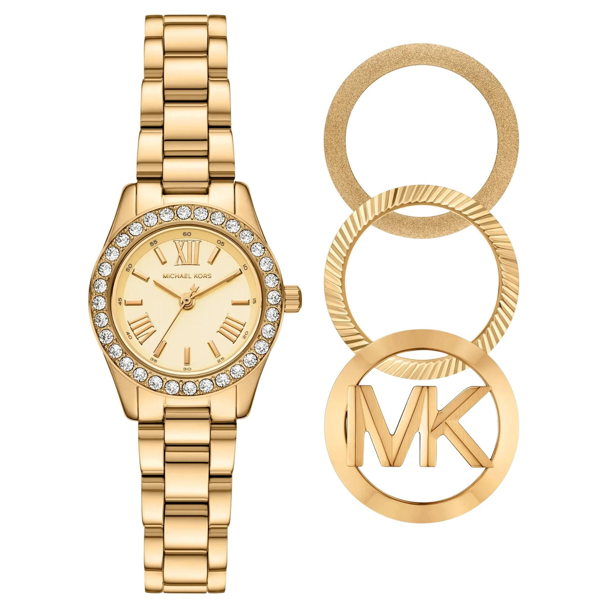 Michael Kors Lexington Gold Dial MK7659SET ladies quartz watch gift set featuring a round gold-tone dial timepiece with a crystal bezel alongside three stackable gold-finished bezel rings