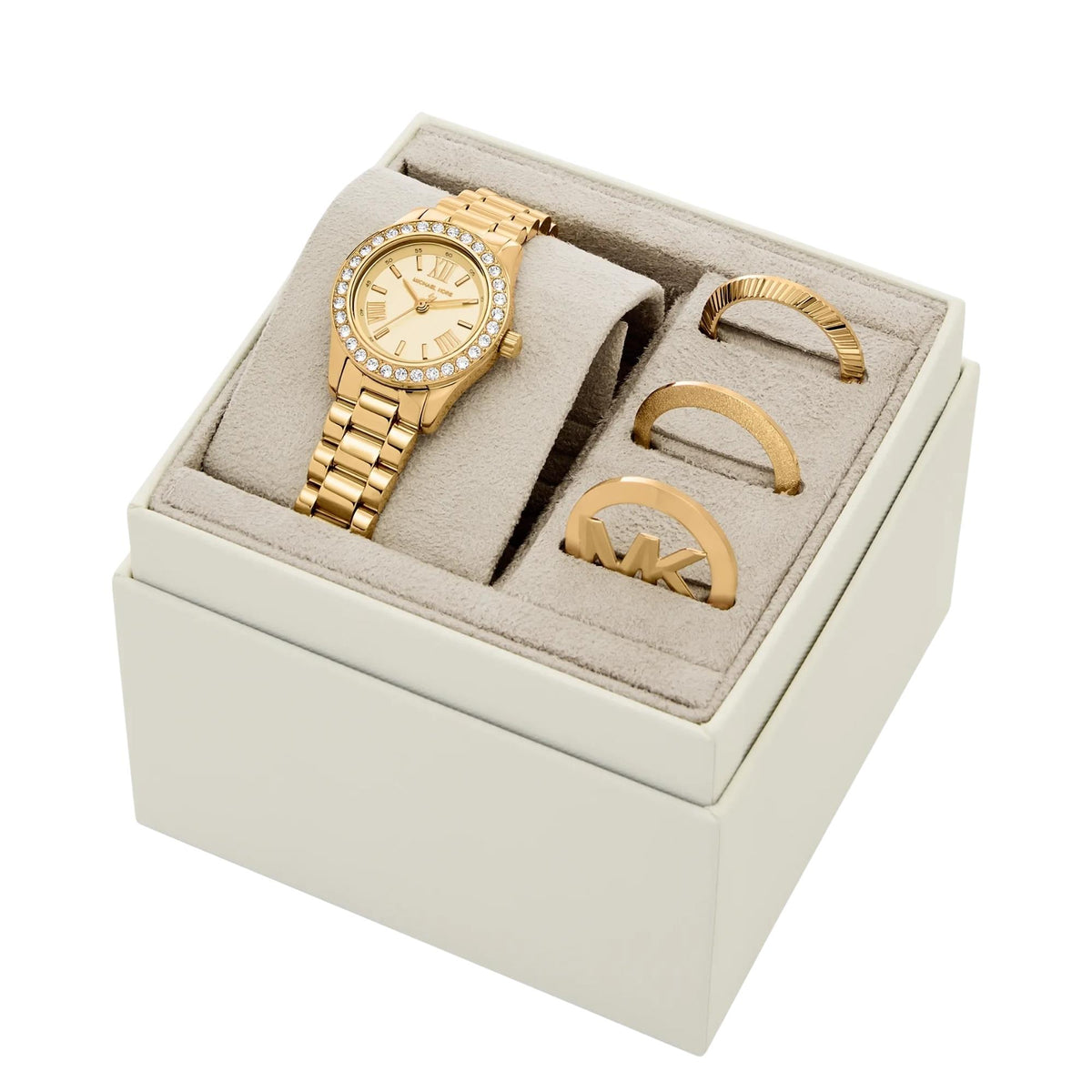 Michael Kors Lexington Gold Dial MK7659SET gift set presentation view showcasing the gold-tone watch and three coordinating rings seated inside an open cream display box