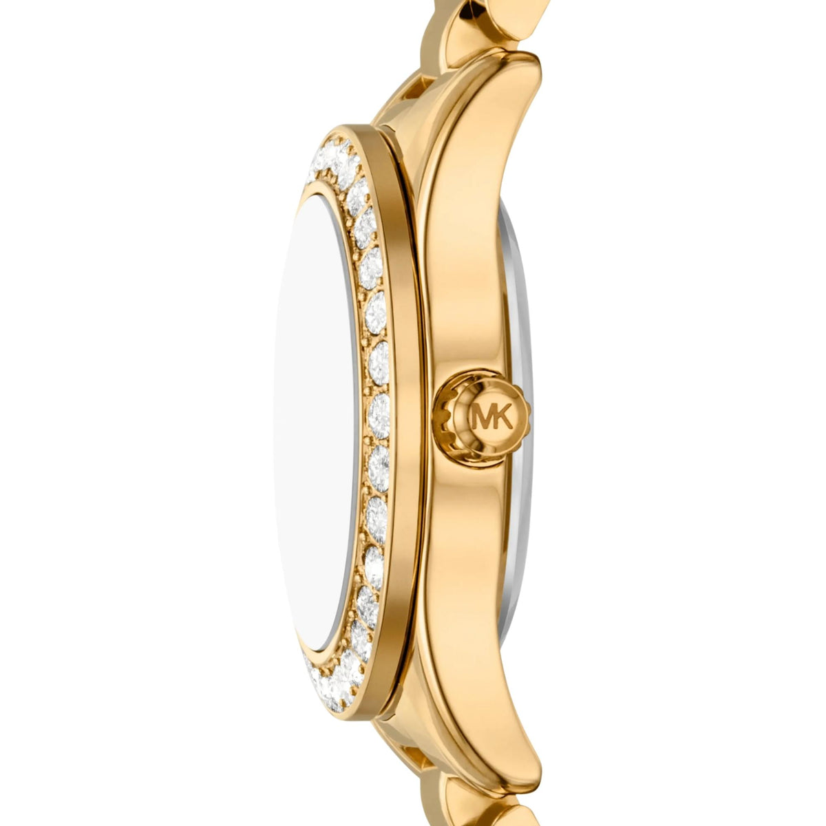 Michael Kors Lexington Gold Dial MK7659SET side profile view featuring the gold-tone case, crystal-set bezel trim, and winding crown with MK logo