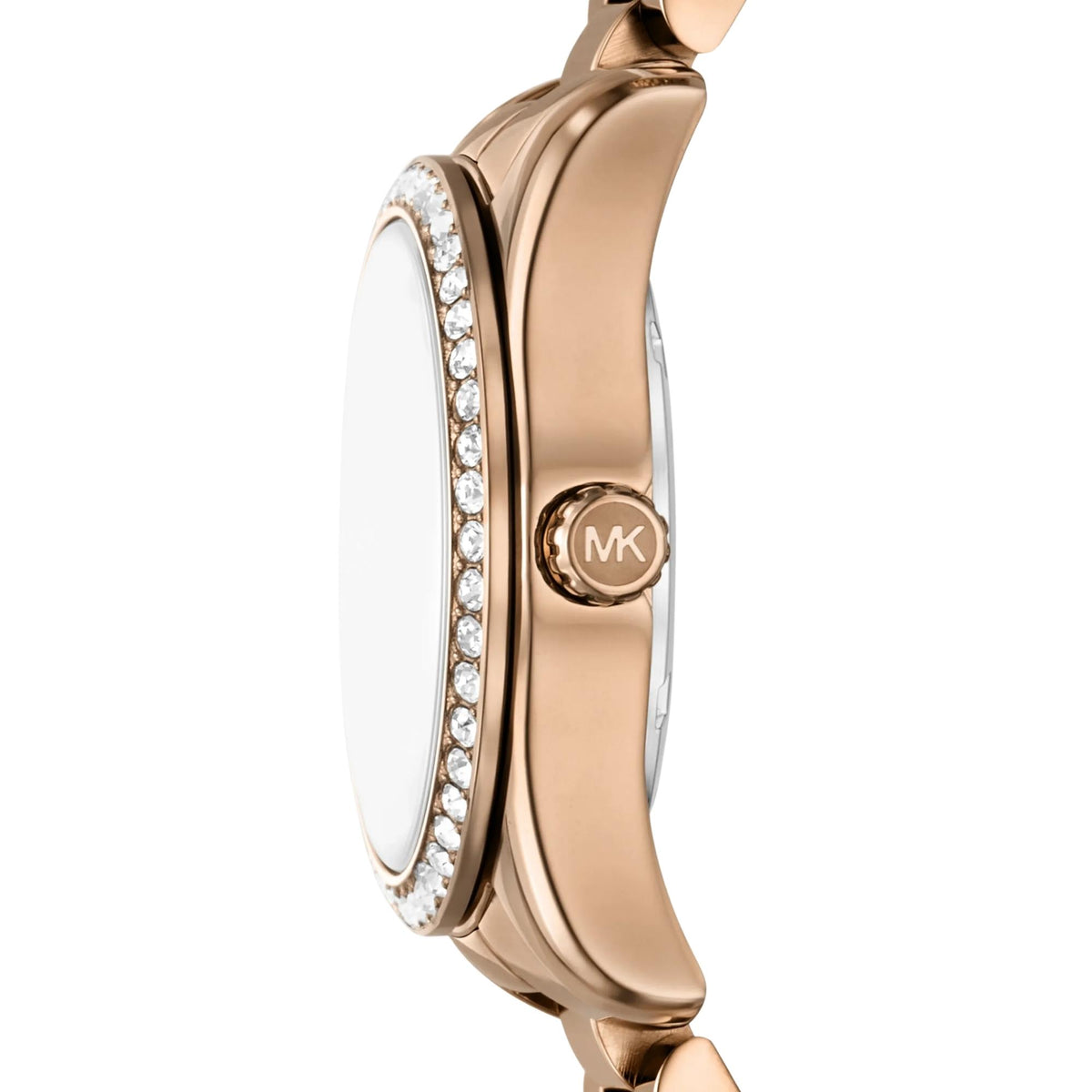 Michael Kors Lexington Pavé 33mm MK7631 side profile view featuring the case thickness, pavé stone bezel trim, and crown stamped with MK logo