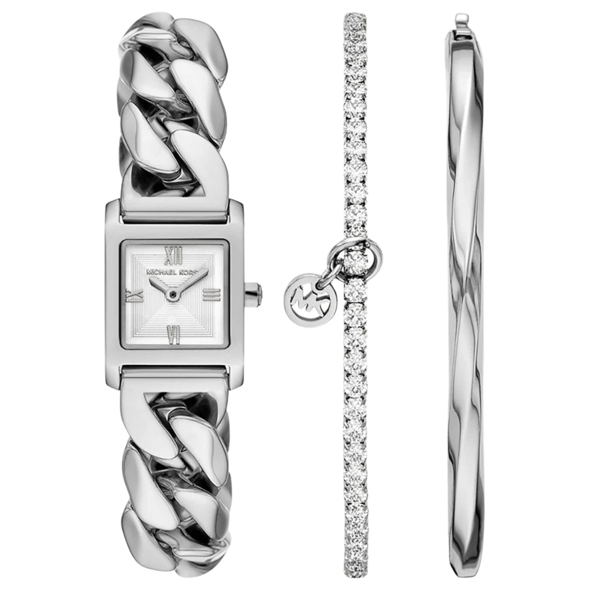 Michael Kors Georgie MK7657SET ladies watch gift set front view showing rectangular silver dial timepiece with chunky curb chain bracelet alongside two coordinating silver bangles