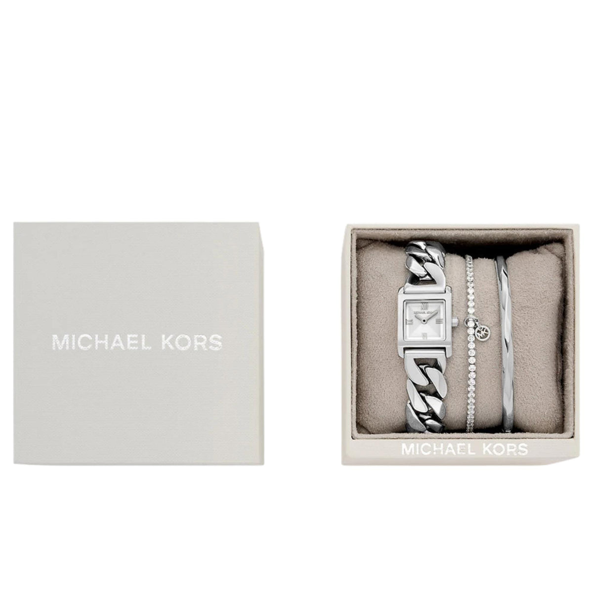 Michael Kors Georgie 19mm Silver Dial MK7657SET packaging view showcasing the watch set placed inside an open cream presentation display box