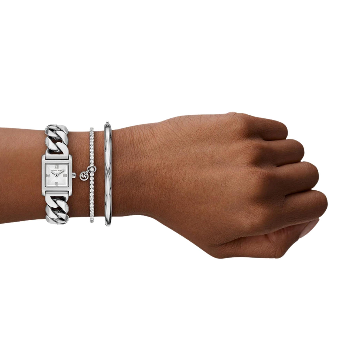 Michael Kors Georgie 19mm Silver Dial MK7657SET model shot view featuring the silver watch gift set stacked on a wrist