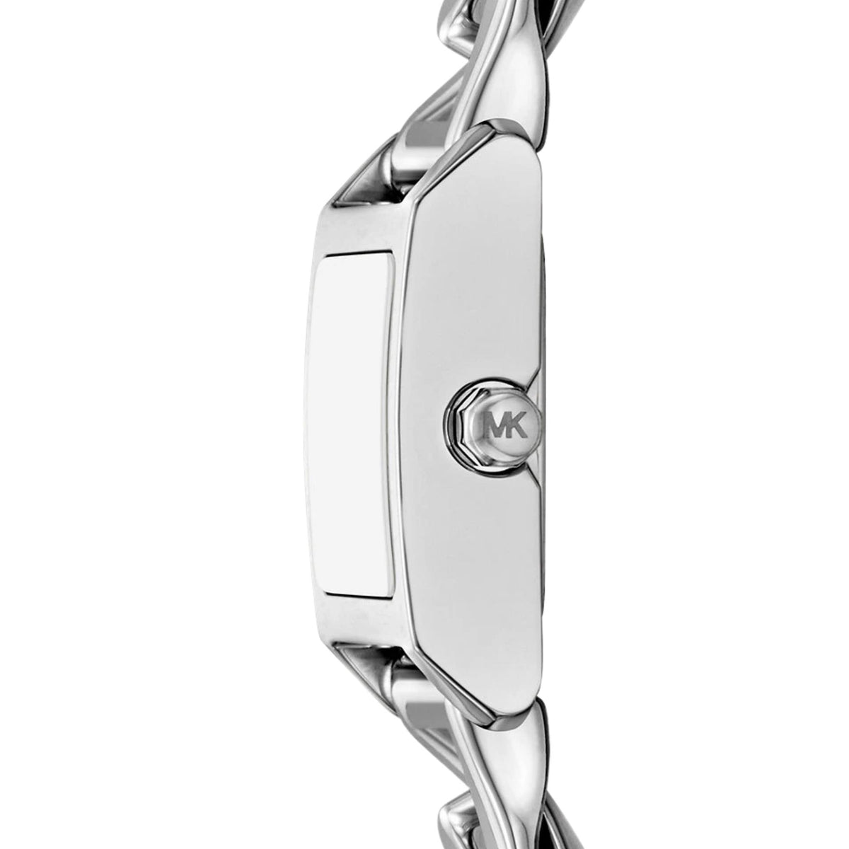 Michael Kors Georgie 19mm Silver Dial MK7657SET side profile view displaying the sleek rectangular case and MK logo stamped winding crown